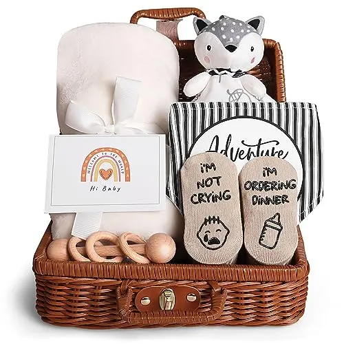 iAOVUEBY baby gift basket with blanket, bibs, socks, and rattle in rattan box