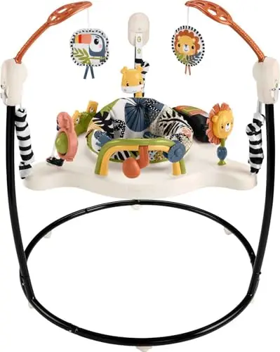 Fisher-Price Palm Paradise Jumperoo activity center with colorful animal toys and music features