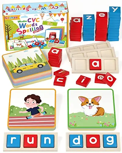 Gojmzo wooden CVC word spelling game with flash cards and letter blocks