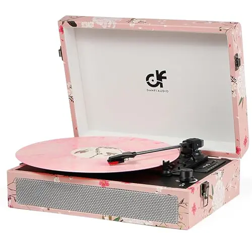 DANFI AUDIO DF pink floral suitcase record player with vintage design