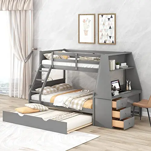 Bellemave twin over full bunk bed with trundle and desk in gray