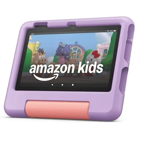 Amazon Fire 7 Kids tablet in Purple with durable kid-proof case and stand