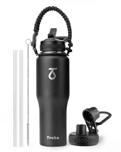 Trebo triple wall insulated water bottle in black with paracord handle