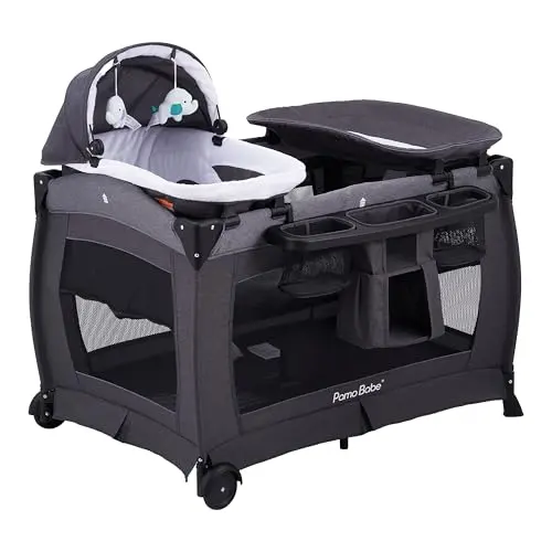 Pamo Babe playard with wheels, changing table, and storage organizer