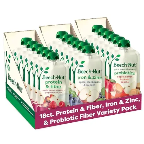 Beech-Nut baby food pouches variety pack with protein, fiber, and nutrient-focused blends
