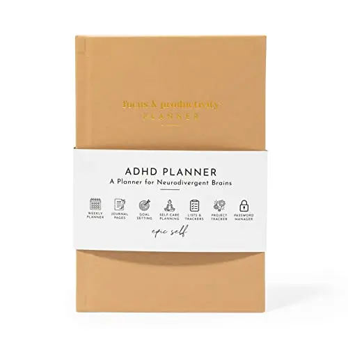 Epic Self Focus Planner in brown with sections for goals, self-care, and project tracking
