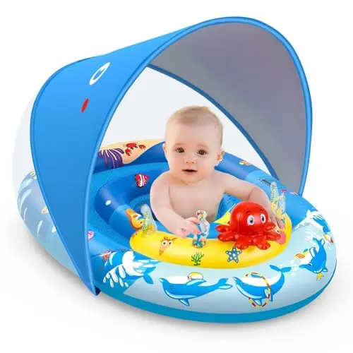 EZIGO baby pool float with UPF50+ sun canopy and ocean animal toys