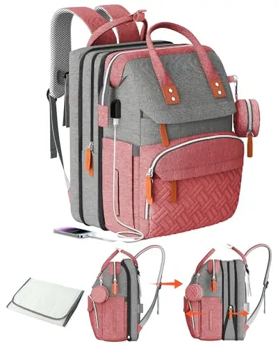 ISMGN extra large diaper backpack in pink and grey with multiple pockets