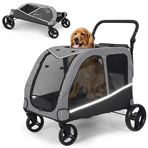 Saudism dog stroller with transparent windows and foldable design for large dogs