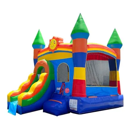 Inflatable bounce house with rainbow smiley face design, slide, and water misting system