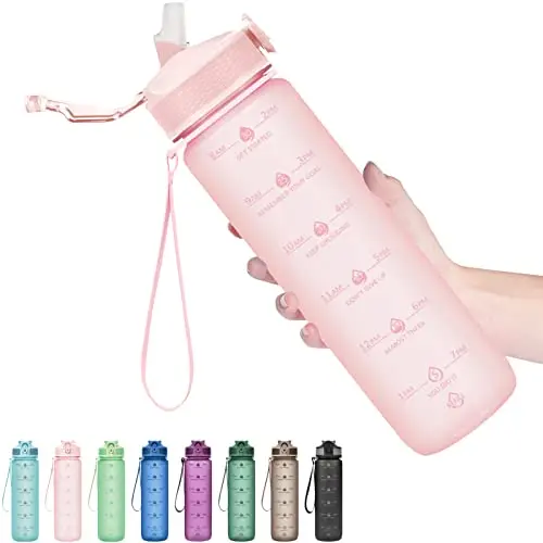 Hyeta motivational water bottle with straw in peach color with time markers