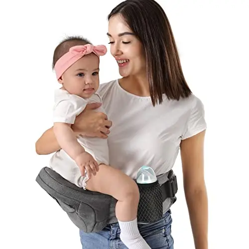 HKAI baby hip carrier with breathable mesh and multiple storage pockets