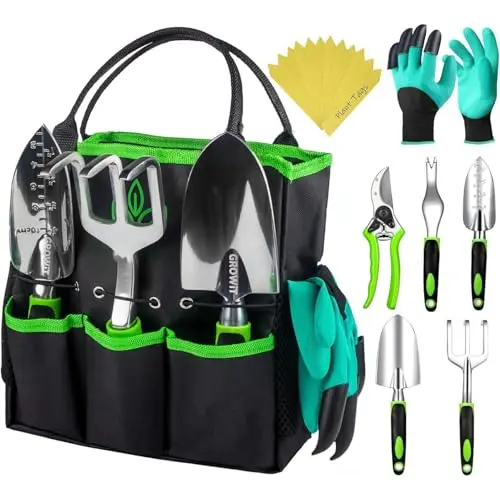 GROWIT green gardening tool set with multiple pieces and storage bag