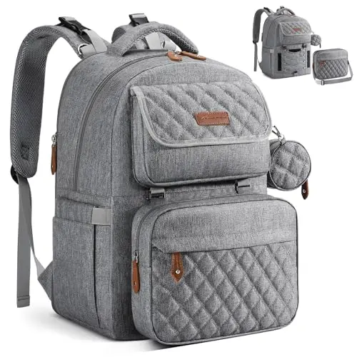 Maelstrom expandable diaper backpack in elegant grey with removable cross-body bottle bag