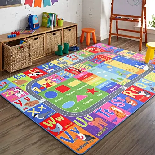 HOMORE educational rug with colorful alphabet, numbers, and seasonal designs
