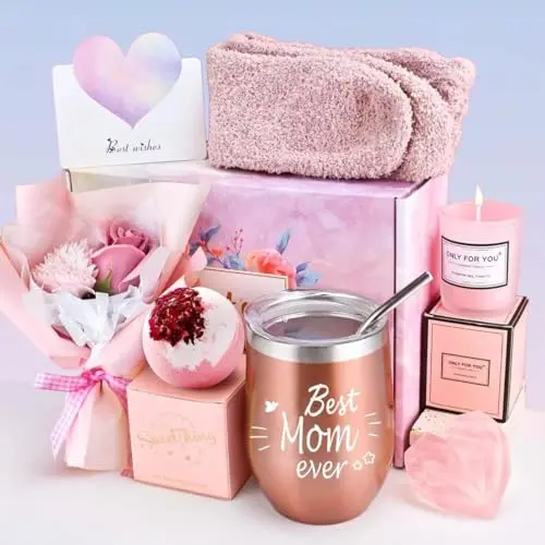 New mom gift basket with tumbler, soap, candle, and bath items