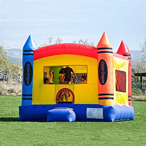 JumpOrange crayon-themed bounce house with basketball hoop