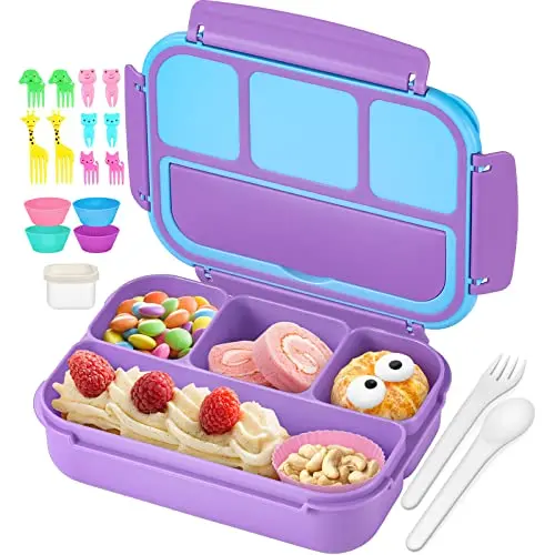 QQKO bento lunch box with four compartments, sauce container, and utensils in purple