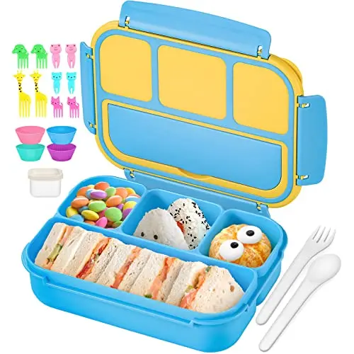 QQKO bento lunch box with multiple compartments, sauce container, and accessories