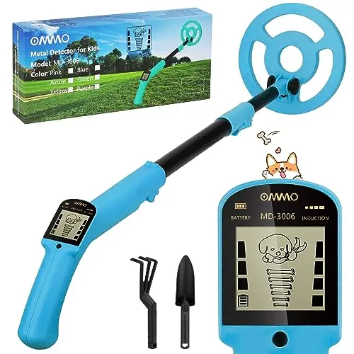 OMMO kids metal detector with puppy-themed LCD display and lightweight design
