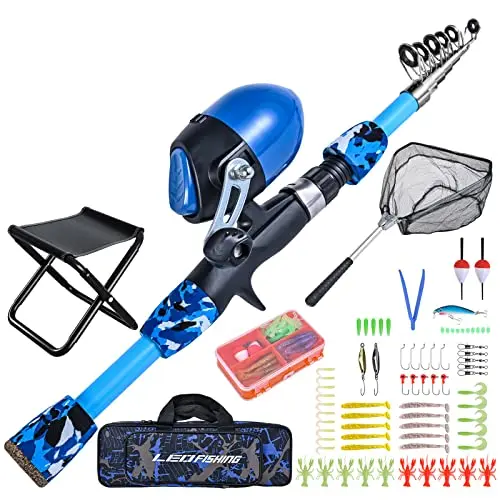 LEOFISHING kids fishing kit with collapsible chair and full accessories