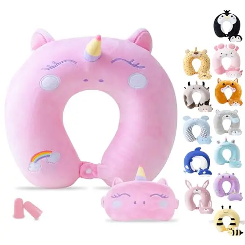 CIRORLD pink travel neck pillow with animal design and matching sleep mask