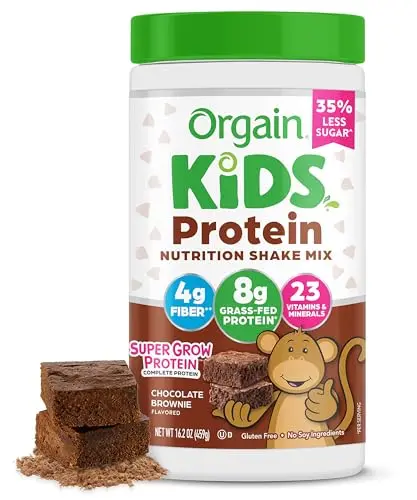 Orgain Kids protein powder shake mix in chocolate brownie flavor