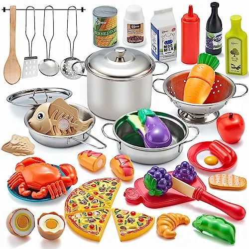 Kidsciety 52-piece kitchen playset with cuttable food and stainless steel cookware