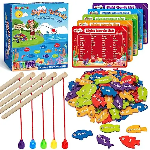 BAYSING wooden magnetic sight word fishing game with colorful fish