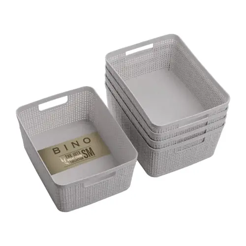 BINO natural grey woven plastic storage baskets stacked on a shelf