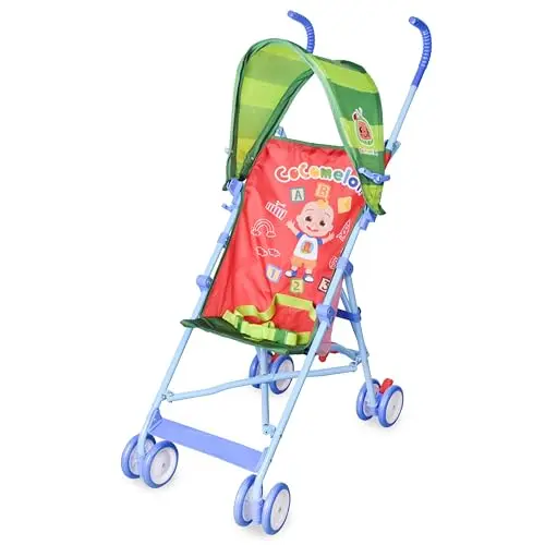 Cocomelon umbrella stroller in red with character design and locking wheels