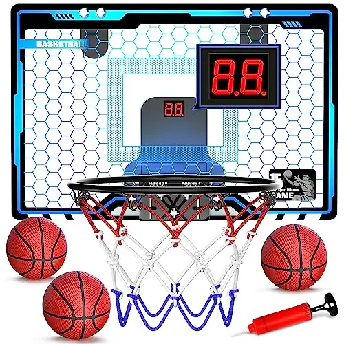 HOPEROCK mini indoor basketball hoop with LED lights and included basketballs mounted on a door