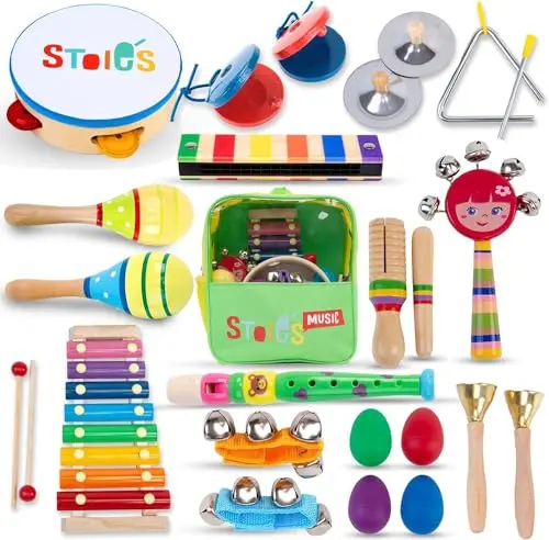 Stoie's rainbow colored wooden musical instruments set with backpack