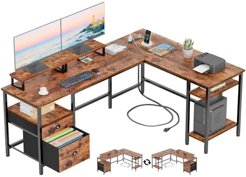 Furologee L-shaped desk with power outlet, monitor stands, and storage