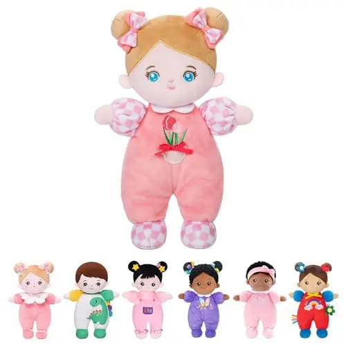 OUOZZZ soft baby doll in tulip pink with plush fabric and gentle features