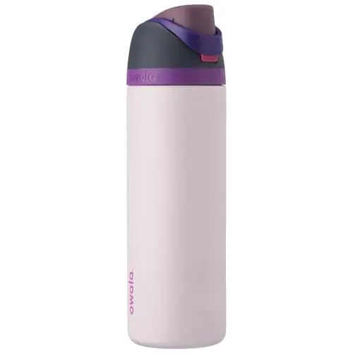 Owala FreeSip water bottle in Dreamy Field color showing push-button lid and carry loop