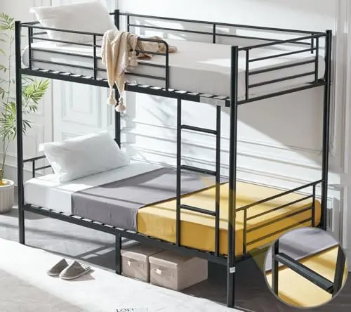 VINGLI black metal twin over twin bunk bed with stairs for kids and adults