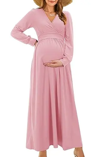 OUGES long sleeve wrap V-neck maternity maxi dress in pink