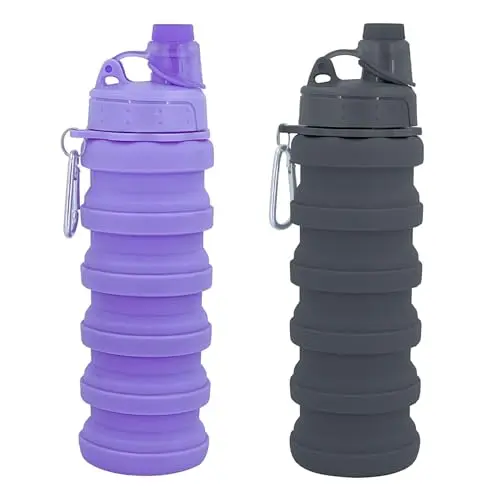 YCTMALL two-pack of collapsible silicone water bottles in purple and grey