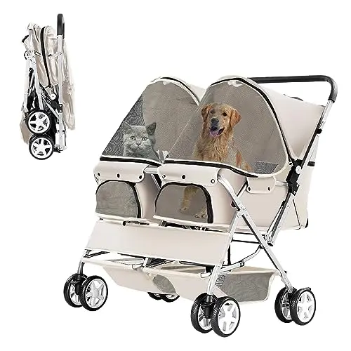 LPOTIUS double pet stroller with sturdy frame and storage basket