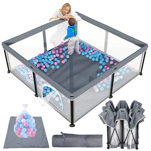 TOREVSIOR foldable baby playpen in grey with included mat and ocean balls
