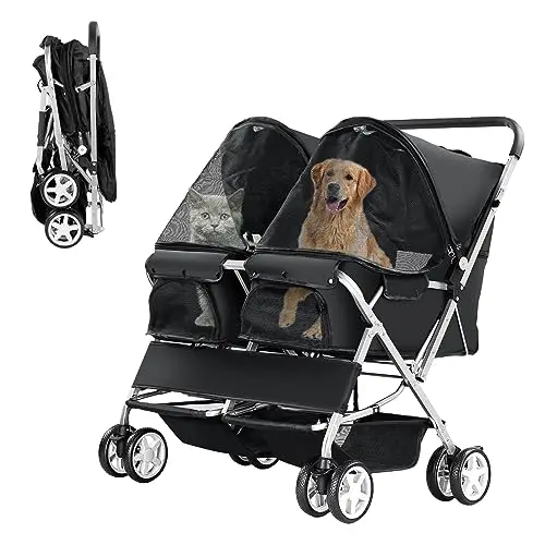 LPOTIUS double pet stroller with two-seater design and storage basket