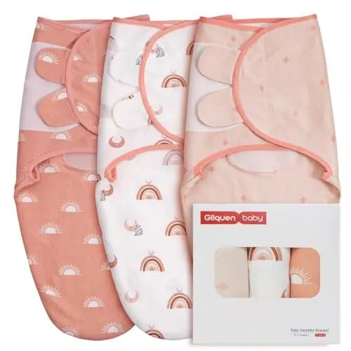 GLLQUEN BABY 3-pack organic baby swaddle sleep sacks with rainbow and sun design