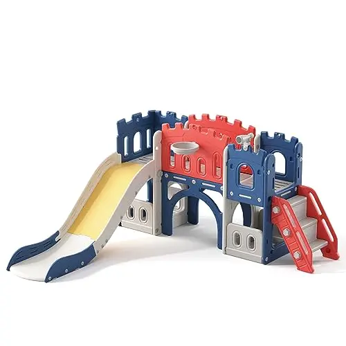 ROHAMIN castle-themed toddler playground with slide and basketball hoop