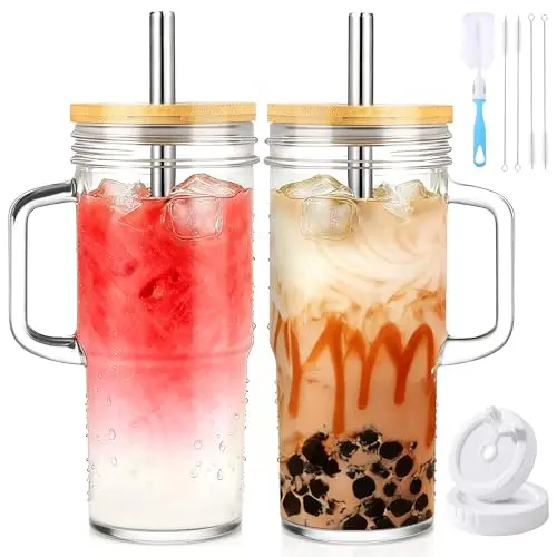 Birity glass tumblers with handles and straws in two-pack set