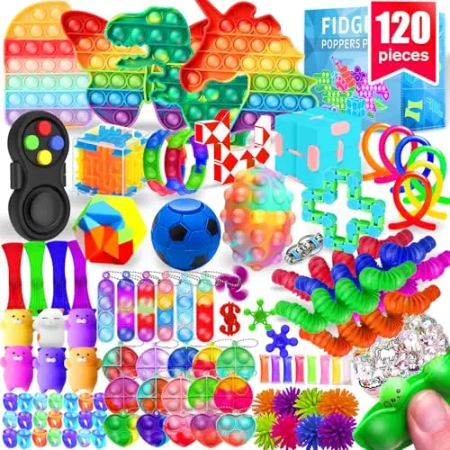 MOZACI 120-piece fidget toy set showing various sensory items including pop bubbles and squishies