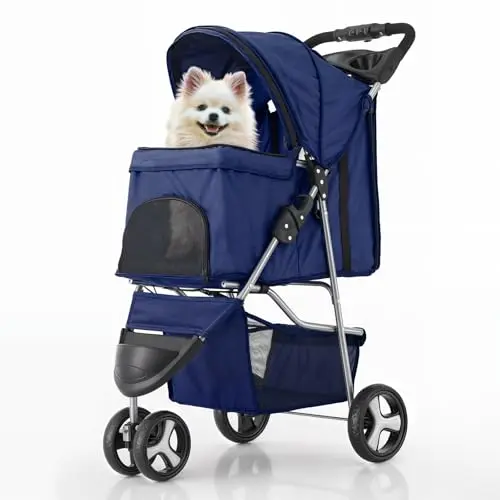 MoNiBloom 3-wheel pet stroller with weather cover for small dogs