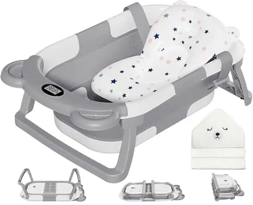 MoreFeel collapsible baby bathtub with thermometer and included towel