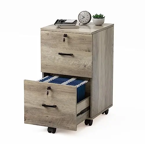 VINGLI rustic gray wood file cabinet with locking drawers and wheels