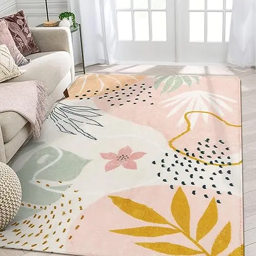 Lahome pink area rug with abstract botanical pattern for kids rooms